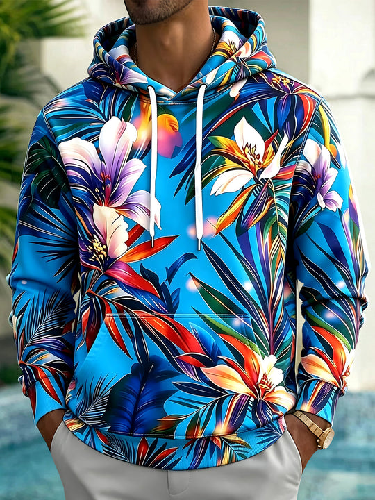 Adaychic Men's Tropical Tropical Floral Leaves Print Long Sleeve Hoodie with Chest Pocket