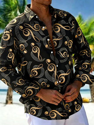 Adaychic Men's Printed Musical Notes Pattern Long Sleeve Shirt with Chest Pocket