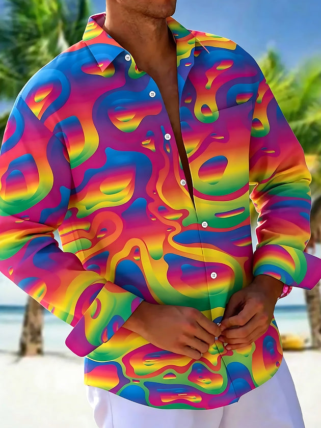 Adaychic Men's Printed Rainbow Liquid Gradient Print Long Sleeve Shirt with Chest Pocket