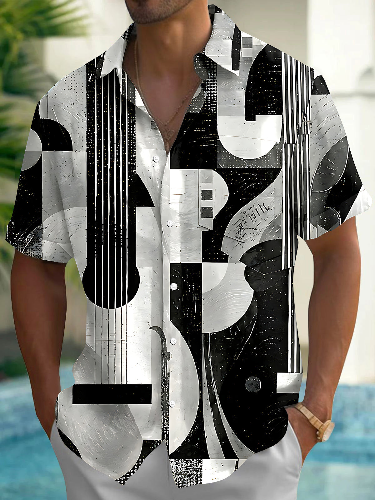 Adaychic Men's Graphic Abstract Guitar Print Short Sleeve Shirt with Chest Pocket
