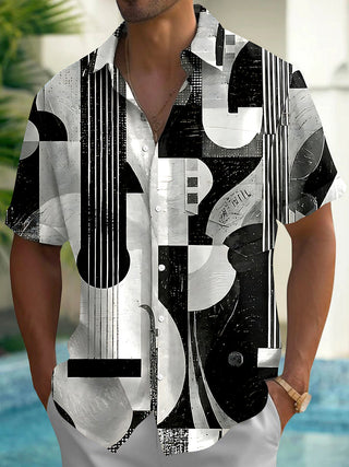 Adaychic Men's Graphic Abstract Guitar Print Short Sleeve Shirt with Chest Pocket