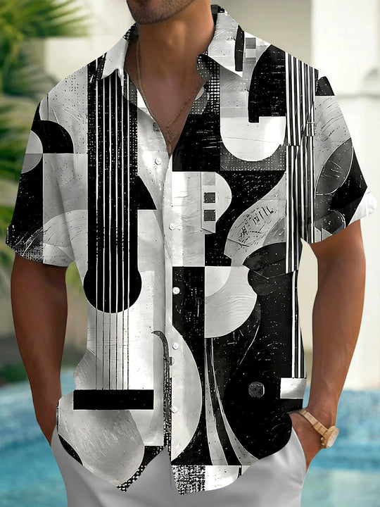 Adaychic Men's Graphic Abstract Guitar Print Short Sleeve Shirt with Chest Pocket