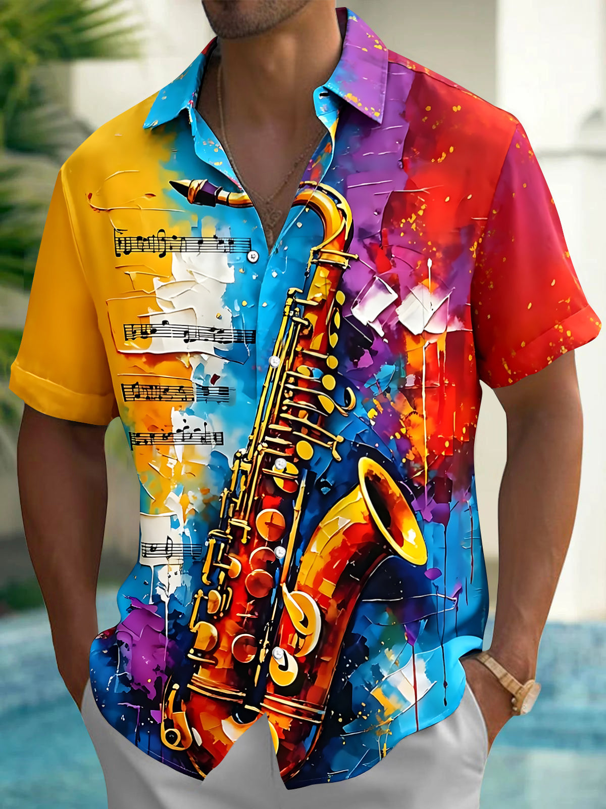 Adaychic Men's Graphic Saxophone Print Musical Notes Print Short Sleeve Shirt with Chest Pocket