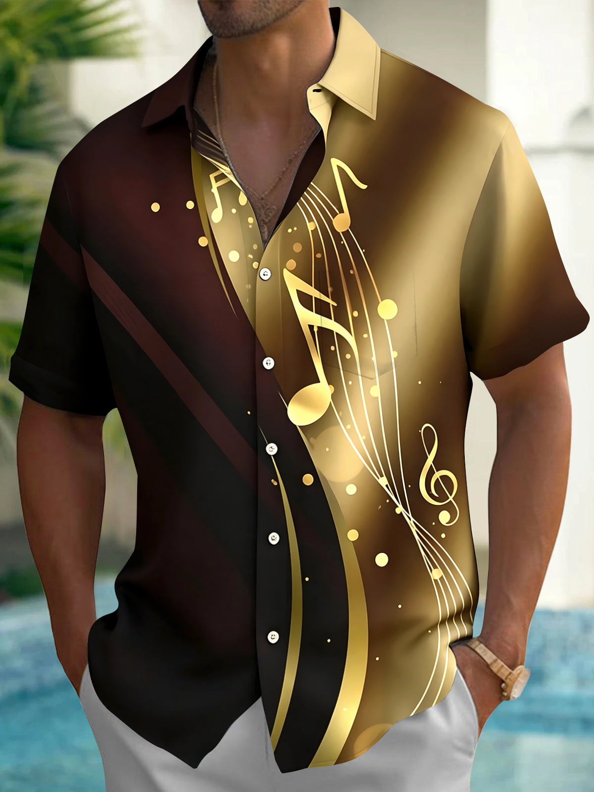 Adaychic Men's Graphic Musical Notes Print Short Sleeve Shirt with Chest Pocket