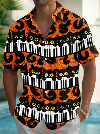 Adaychic Men's Hawaiian Halloween Cats Print Short Sleeve Shirt with Chest Pocket
