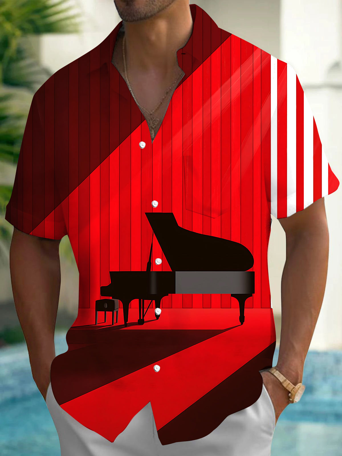 Adaychic Men's Printed Piano Silhouette Print Short Sleeve Shirt with Chest Pocket