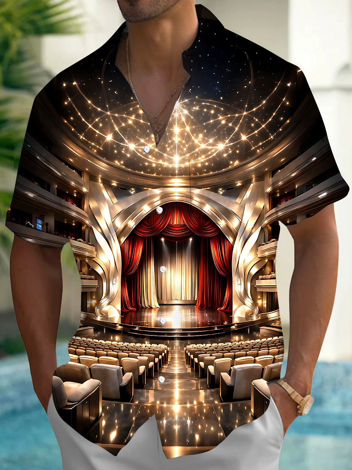 Adaychic Men's 3D Opera House Interior Print Short Sleeve Shirt with Chest Pocket
