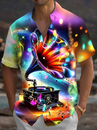 Adaychic Men's Graphic Colorful Gramophone Print Short Sleeve Shirt with Chest Pocket
