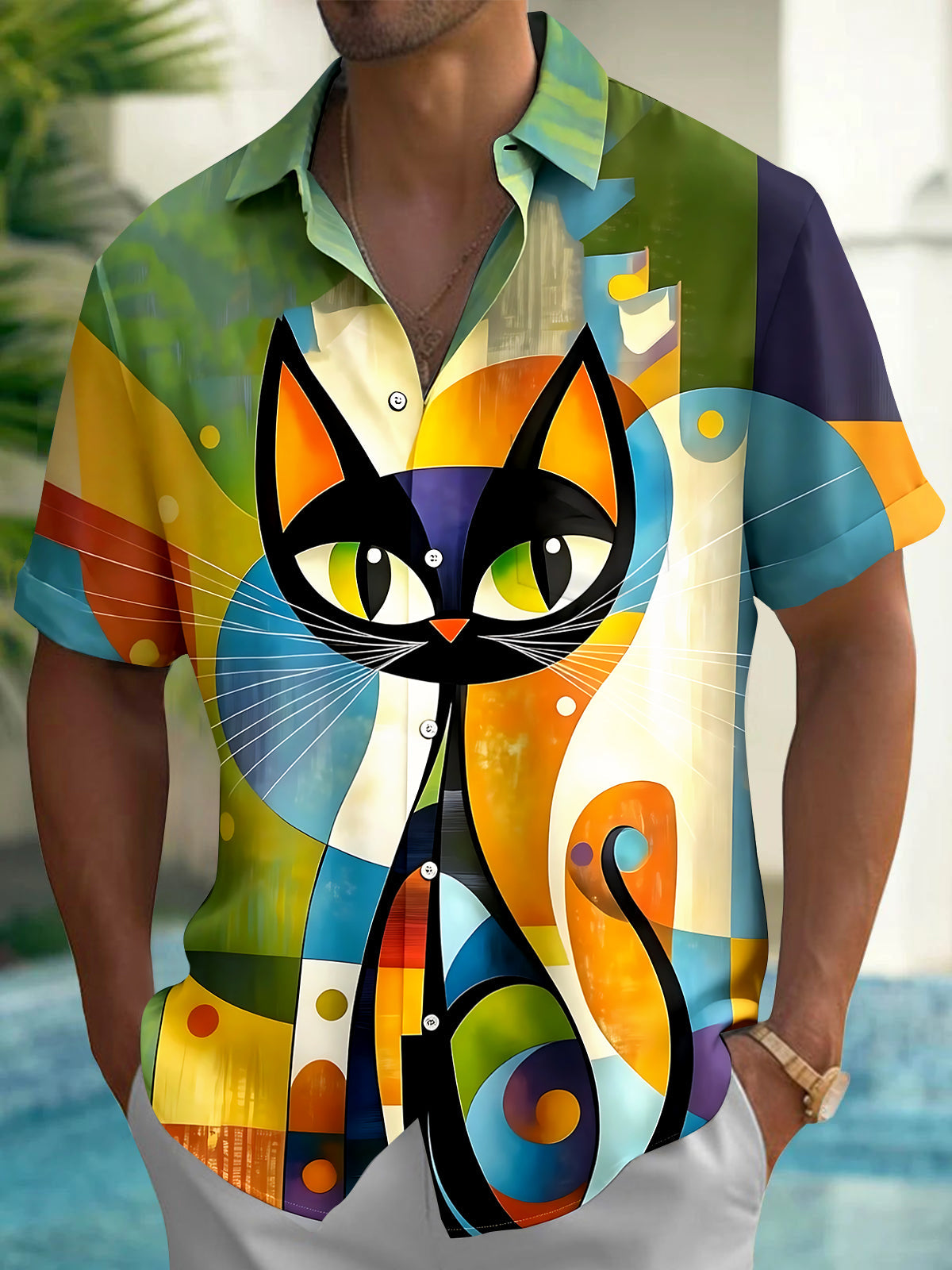 Adaychic Men's Graphic Abstract Cat Portrait Print Short Sleeve Shirt with Chest Pocket