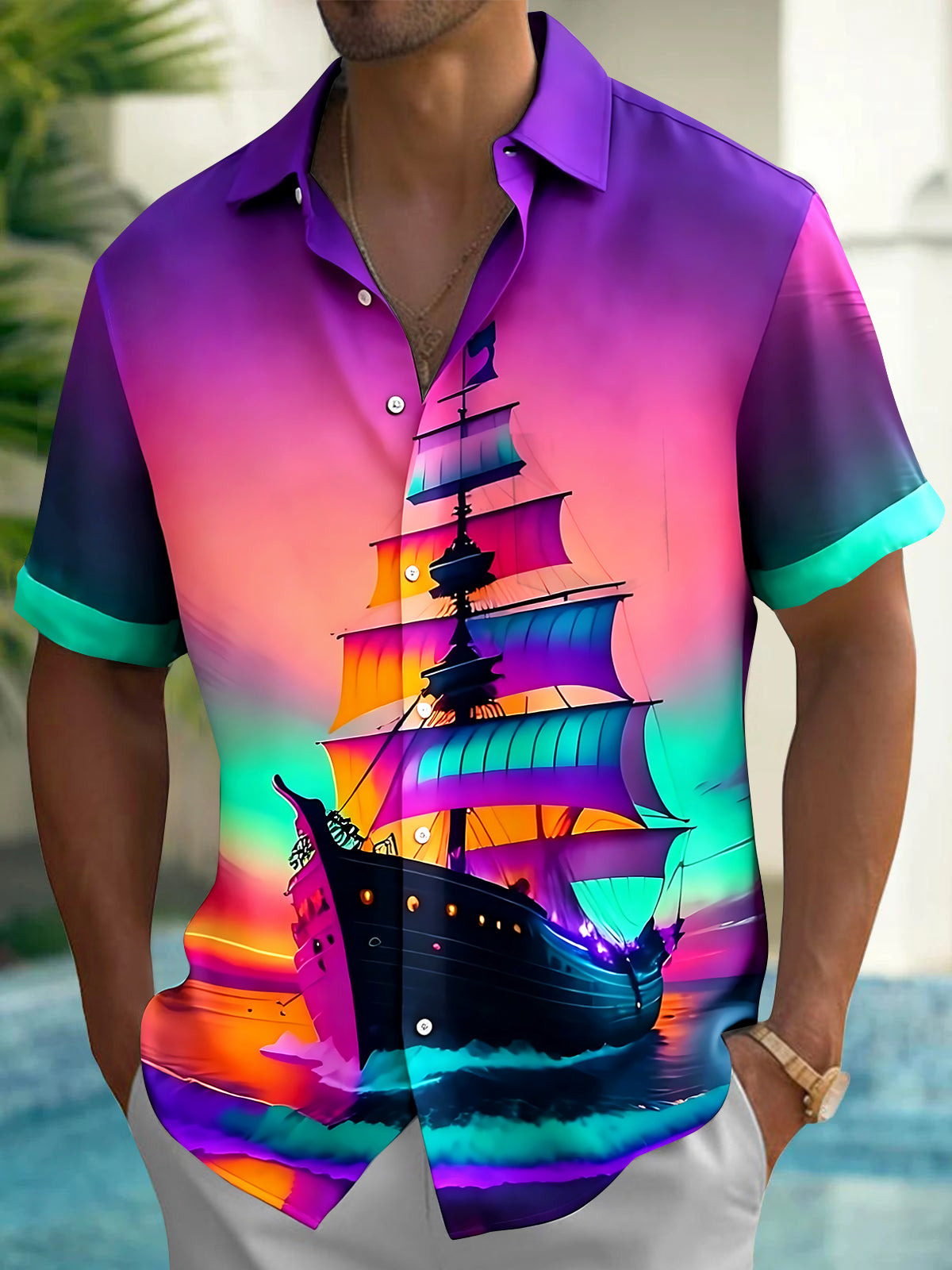 Adaychic Men's Hawaiian Sailing Ship Print Short Sleeve Shirt with Chest Pocket