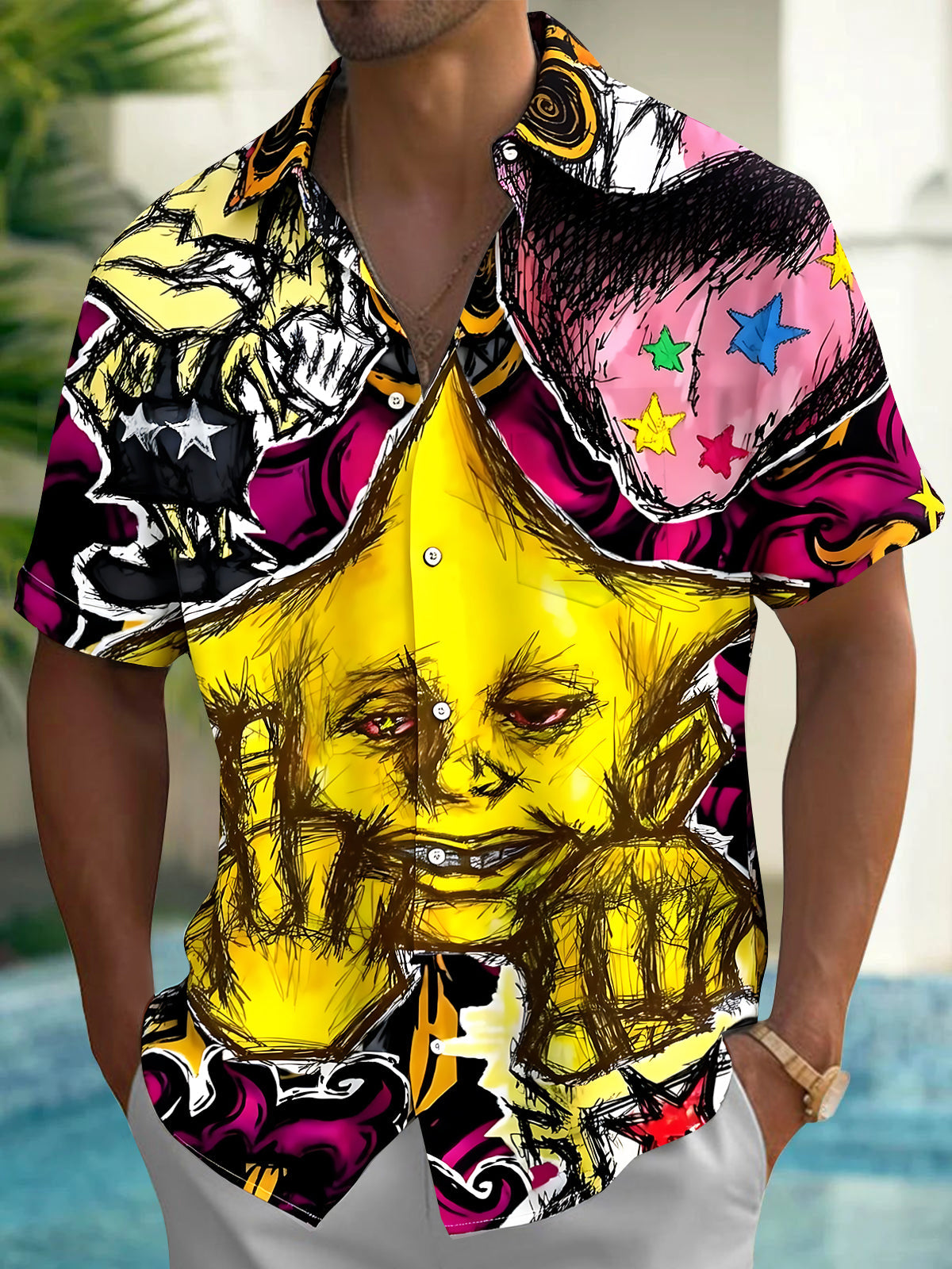 Adaychic Men's Graphic Pattern Print Short Sleeve Shirt with Chest Pocket