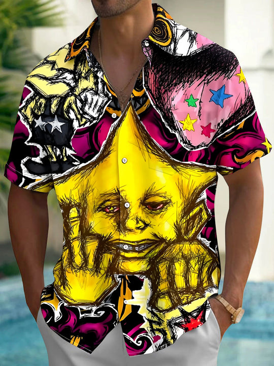 Adaychic Men's Graphic Pattern Print Short Sleeve Shirt with Chest Pocket