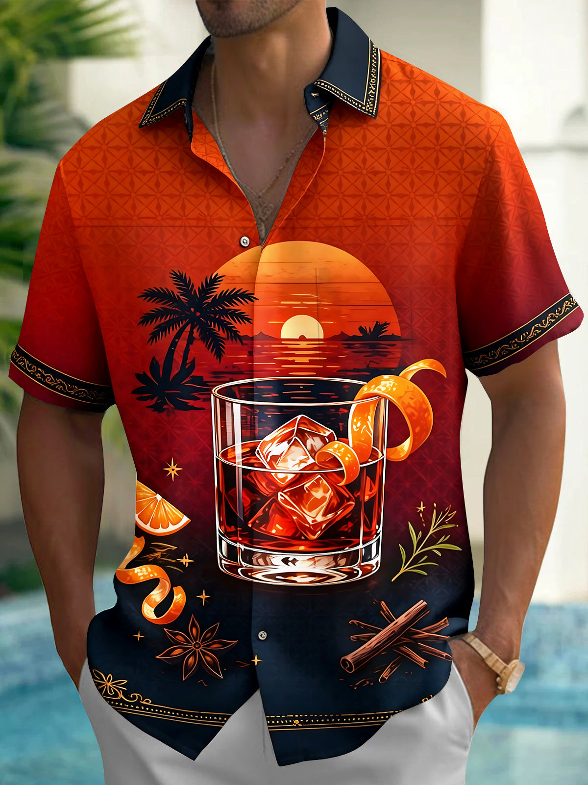 Adaychic Men's Hawaiian Sunset Palm Tree Print Short Sleeve Shirt with Chest Pocket
