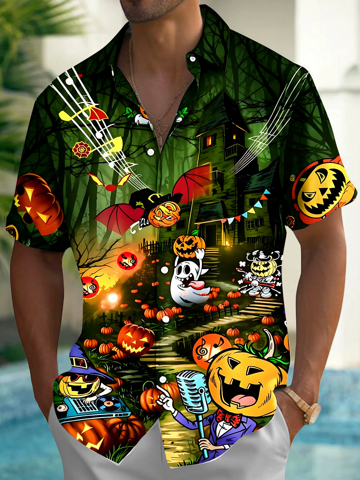 Adaychic Men's Hawaiian Halloween Ghost Print Short Sleeve Shirt with Chest Pocket