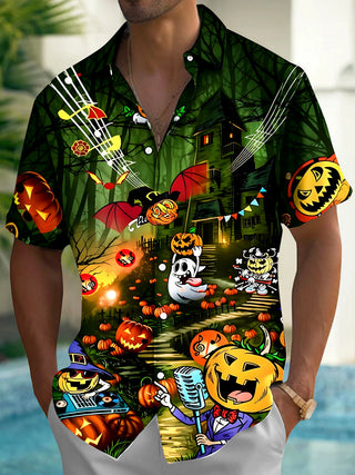 Adaychic Men's Hawaiian Halloween Ghost Print Short Sleeve Shirt with Chest Pocket