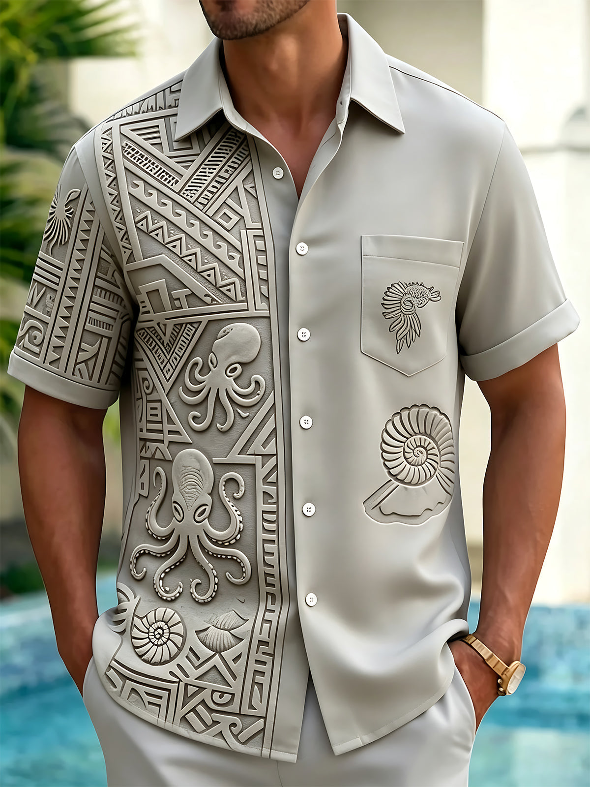 Adaychic Men's Vintage Style 3D Relief Octopus Print Short Sleeve Shirt with Chest Pocket