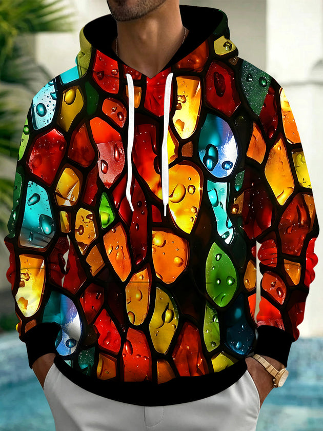 Adaychic Men's Printed Stained Glass Pattern Long Sleeve Hoodie with Chest Pocket