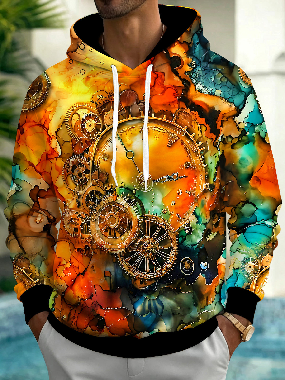 Adaychic Men's Vintage Style Clock Gears Print Long Sleeve Hoodie with Chest Pocket
