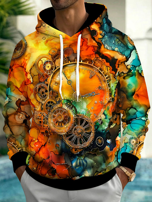 Adaychic Men's Vintage Style Clock Gears Print Long Sleeve Hoodie with Chest Pocket