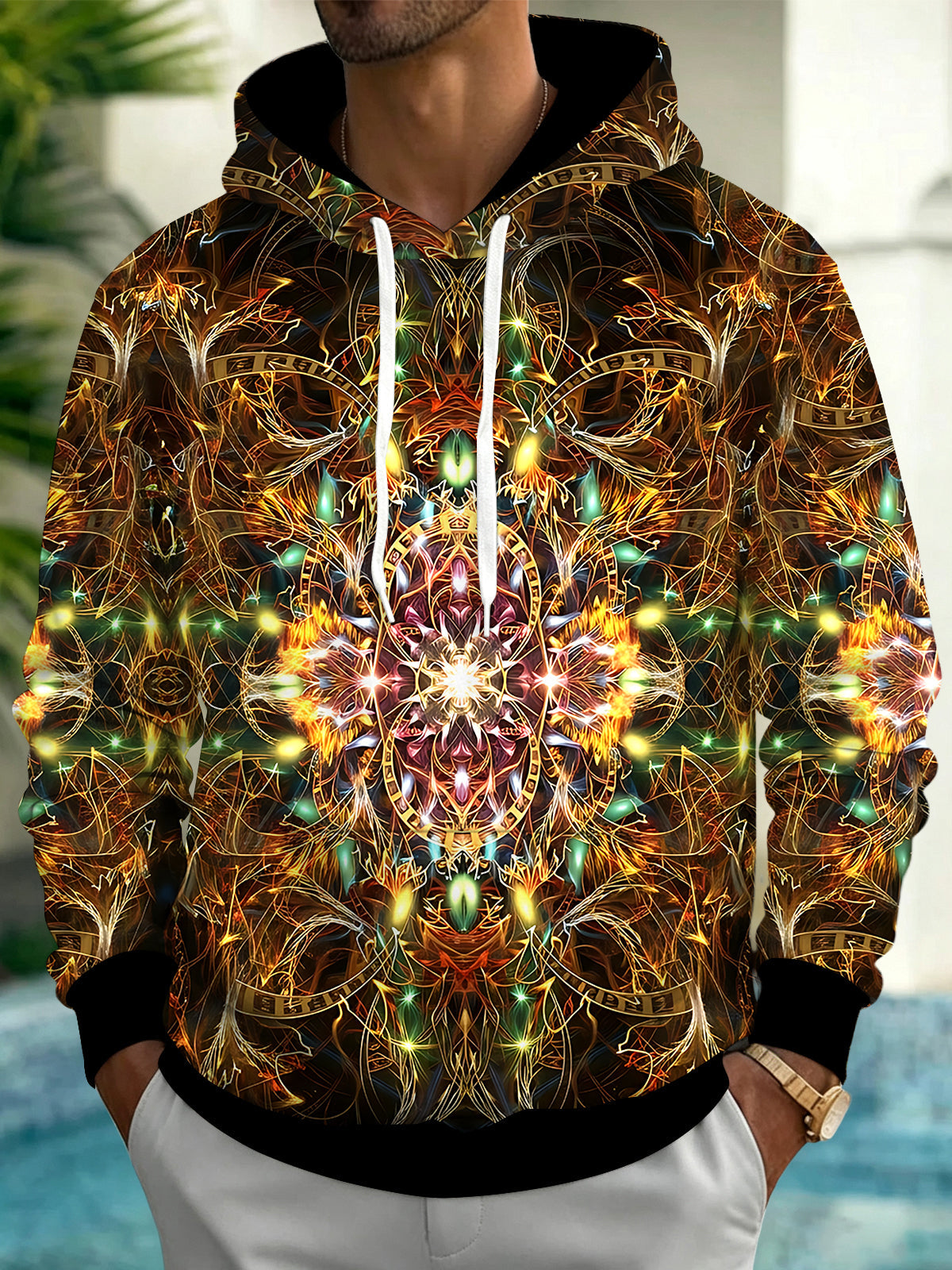 Adaychic Men's Printed Mandala Print Psychedelic Print Long Sleeve Hoodie with Chest Pocket