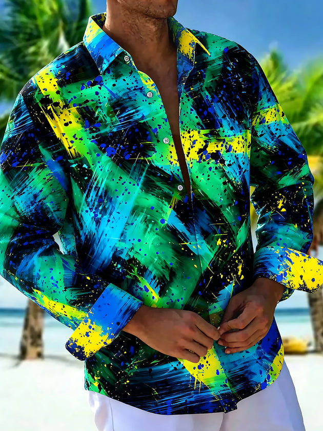 Adaychic Men's Tie Dye Abstract Paint Splatter Print Long Sleeve Shirt with Chest Pocket