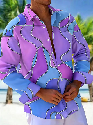 Adaychic Men's Patterned Abstract Wavy Lines Print Long Sleeve Shirt with Chest Pocket