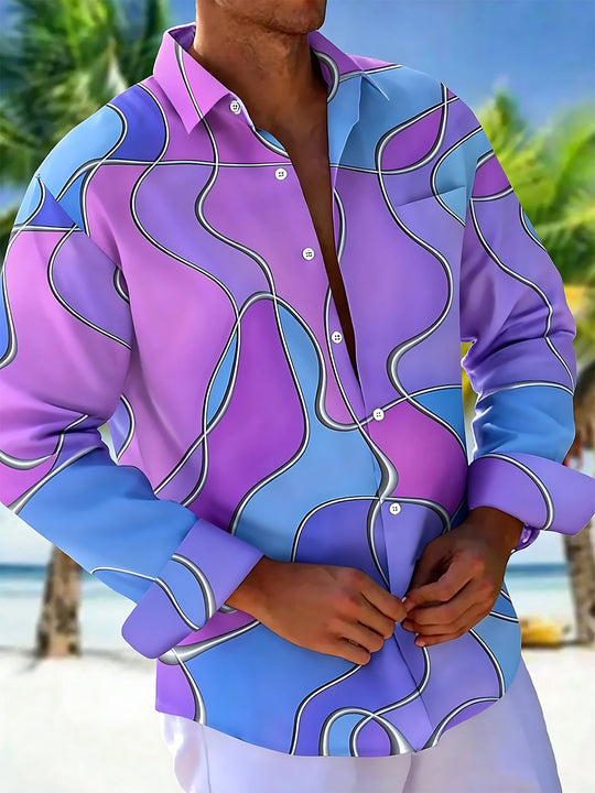Adaychic Men's Patterned Abstract Wavy Lines Print Long Sleeve Shirt with Chest Pocket
