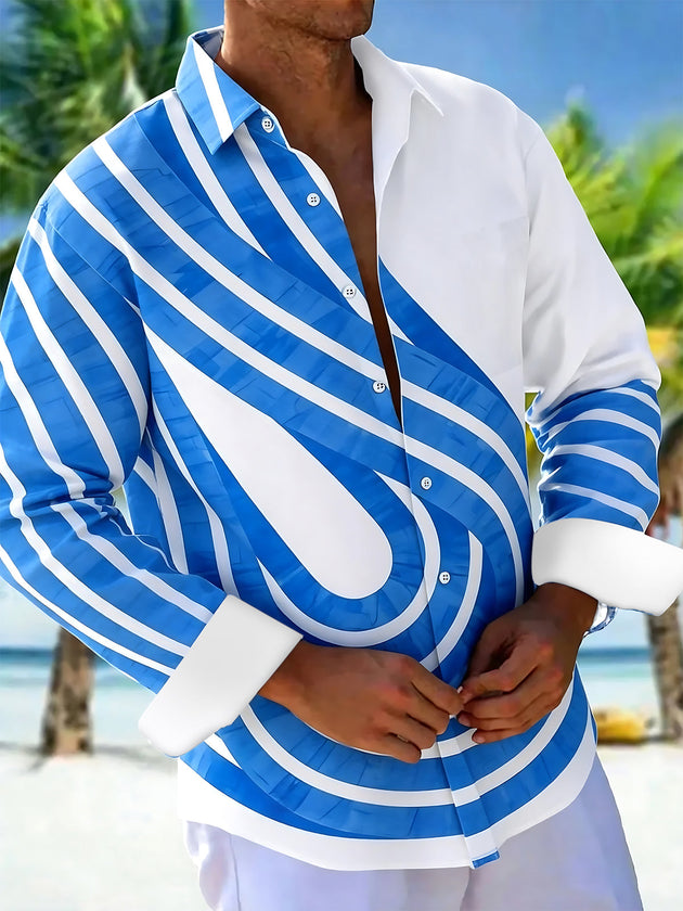Adaychic Men's Striped Blue And White Curved Stripes Print Long Sleeve Shirt with Chest Pocket