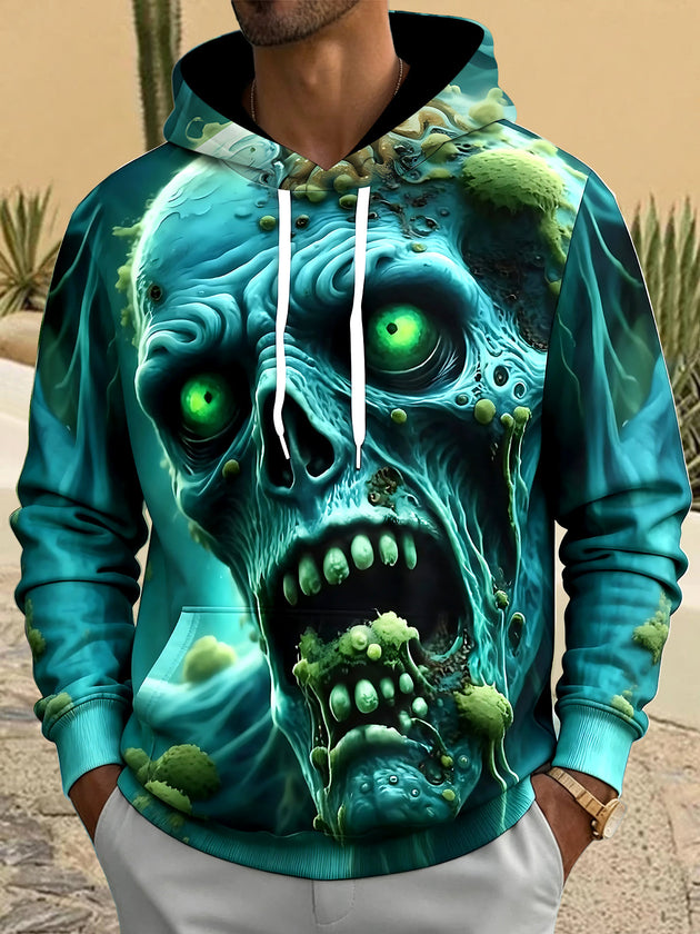 Adaychic Men's Graphic Zombie Skull Print Long Sleeve Hoodie with Chest Pocket