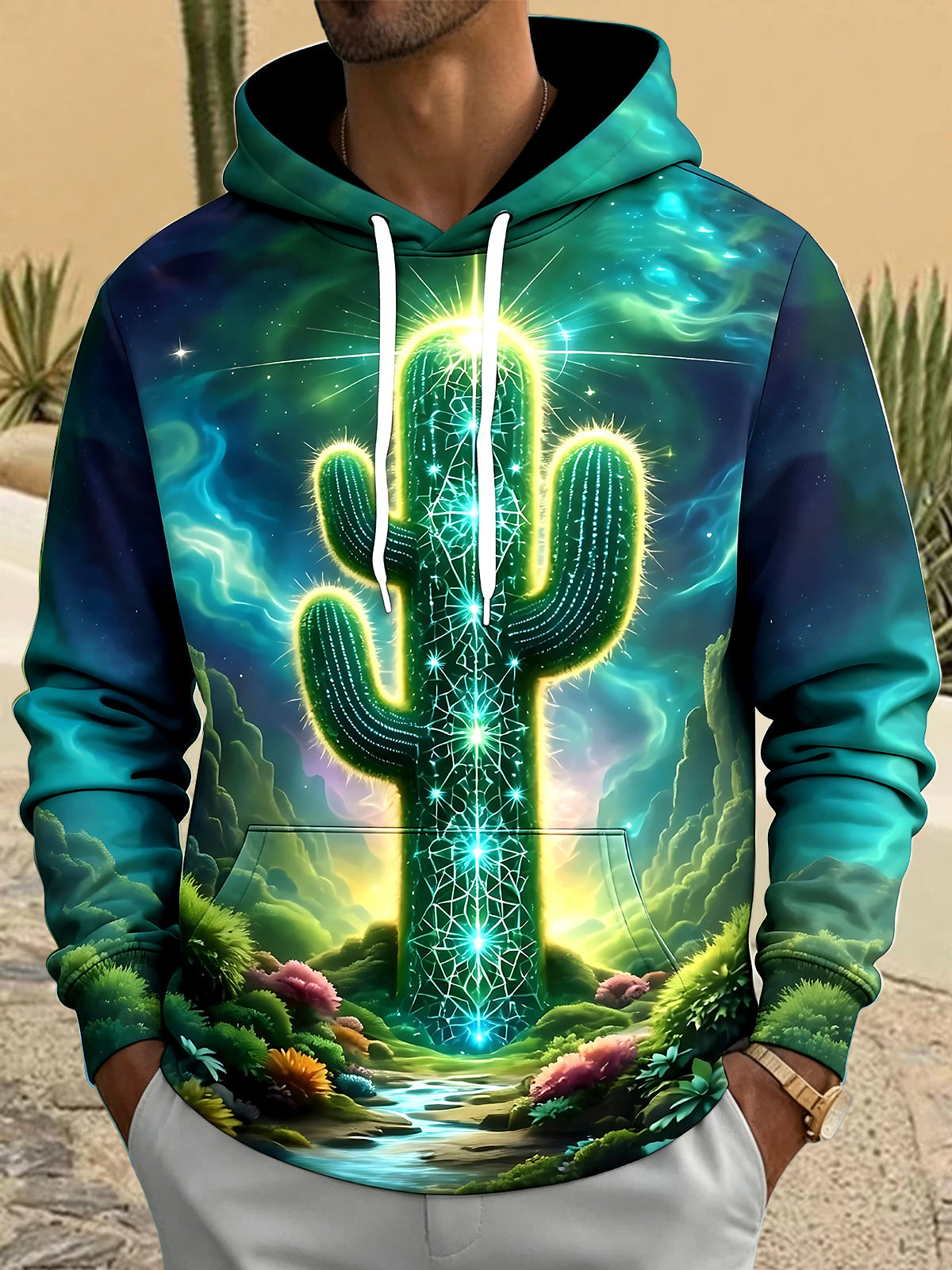 Adaychic Men's Printed Neon Cactus Print Long Sleeve Hoodie with Chest Pocket