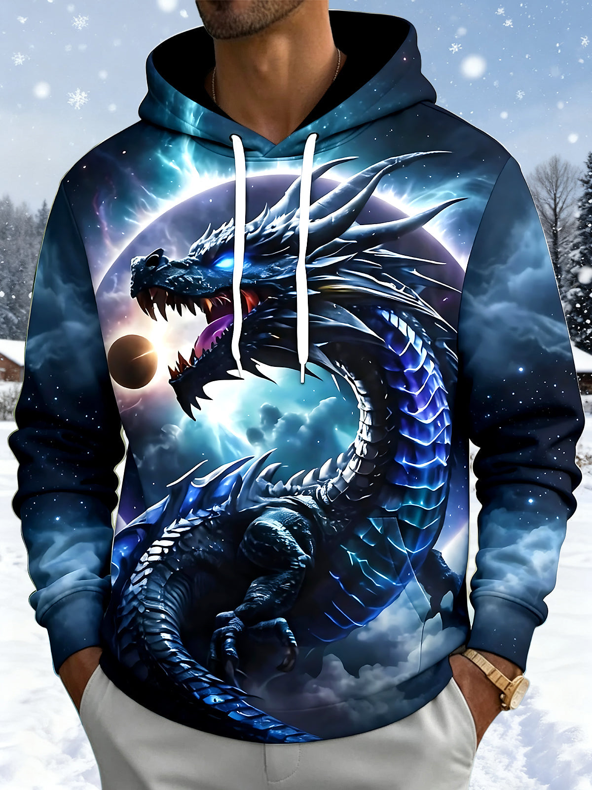 Adaychic Men's 3D Cosmic Background Print Space Print Long Sleeve Hoodie with Chest Pocket
