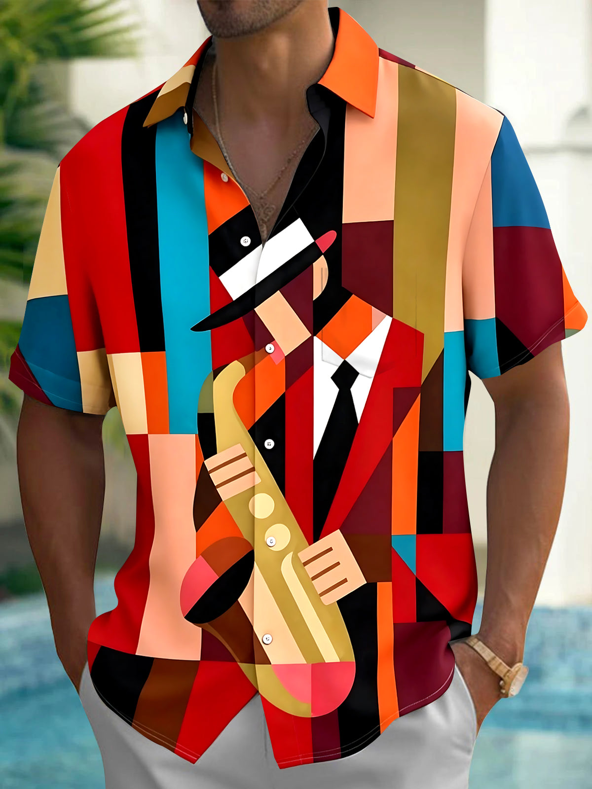 Adaychic Men's Graphic Geometric Saxophone Player Print Short Sleeve Shirt with Chest Pocket