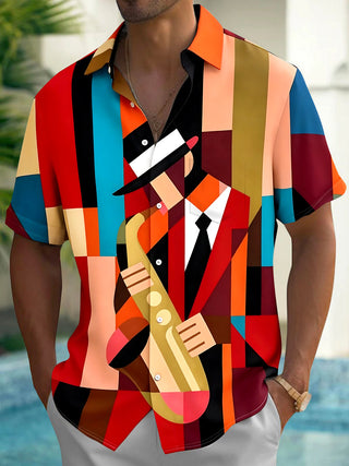 Adaychic Men's Graphic Geometric Saxophone Player Print Short Sleeve Shirt with Chest Pocket