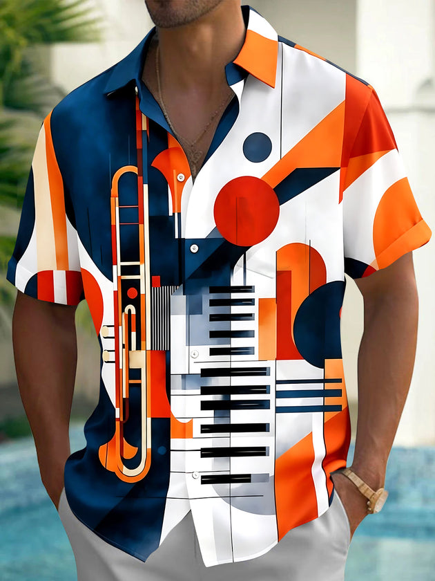 Adaychic Men's Graphic Geometric Music Instruments Print Short Sleeve Shirt with Chest Pocket