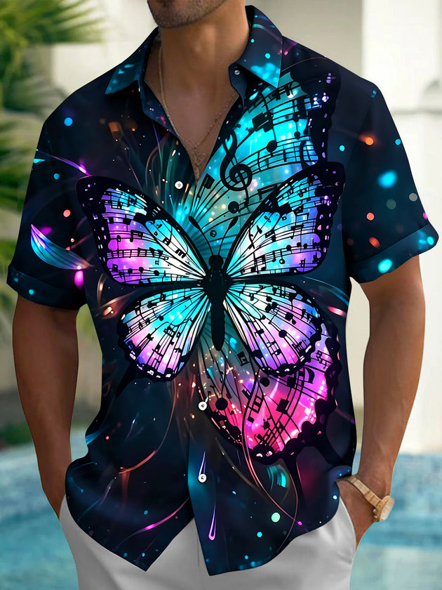 Adaychic Men's Graphic Butterfly Print Musical Notes Print Short Sleeve Shirt with Chest Pocket