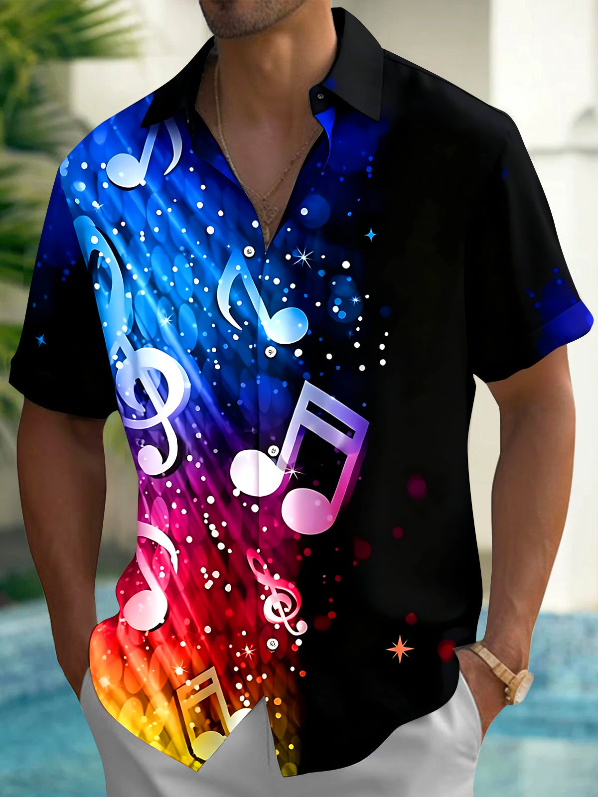 Adaychic Men's Graphic Colorful Musical Notes Print Short Sleeve Shirt with Chest Pocket