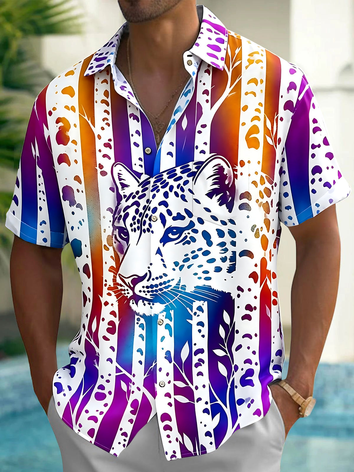 Adaychic Men's Hawaiian Cheetah Portrait Print Short Sleeve Shirt with Chest Pocket