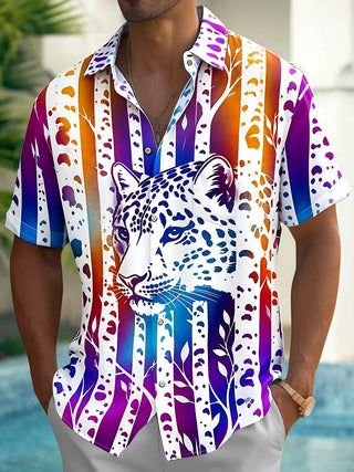 Adaychic Men's Hawaiian Cheetah Portrait Print Short Sleeve Shirt with Chest Pocket