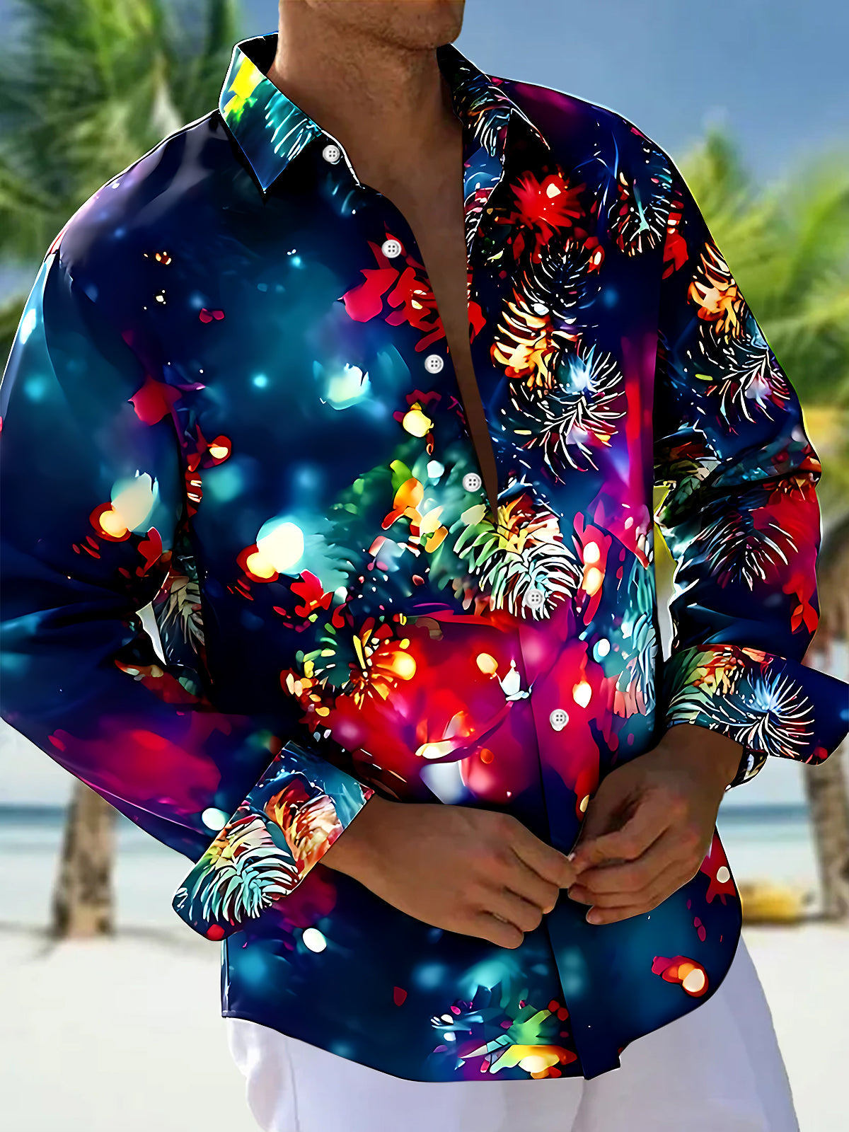 Adaychic Men's Hawaiian Fireworks Pattern Neon Floral Print Long Sleeve Shirt with Chest Pocket