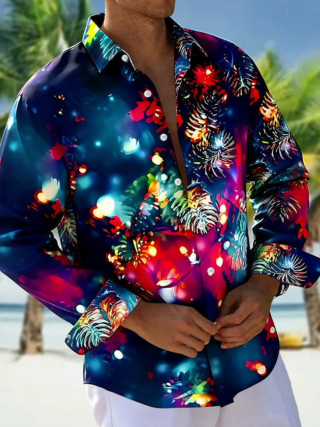 Adaychic Men's Hawaiian Fireworks Pattern Neon Floral Print Long Sleeve Shirt with Chest Pocket