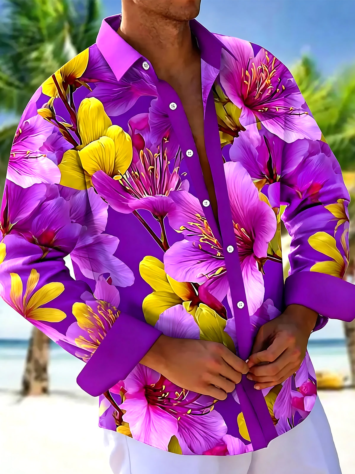 Adaychic Men's Hawaiian Purple Floral Print Long Sleeve Shirt with Chest Pocket