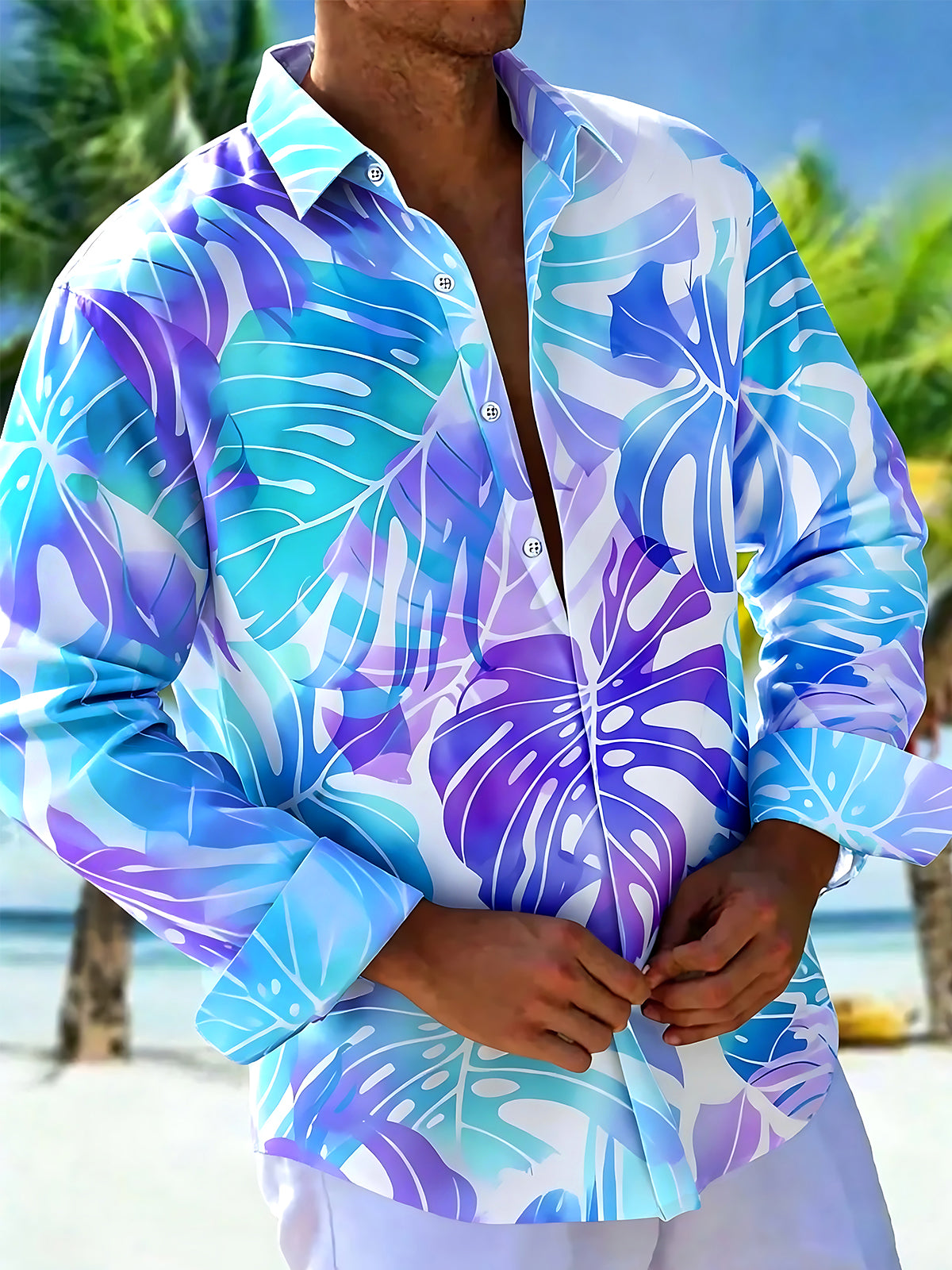 Adaychic Men's Hawaiian Tropical Leaf Print Long Sleeve Shirt with Chest Pocket
