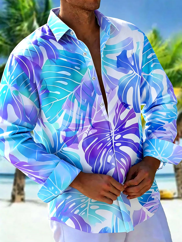 Adaychic Men's Hawaiian Tropical Leaf Print Long Sleeve Shirt with Chest Pocket