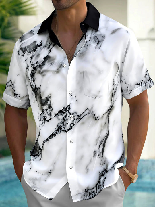 Adaychic Men's Printed Marble Print Short Sleeve Shirt with Chest Pocket