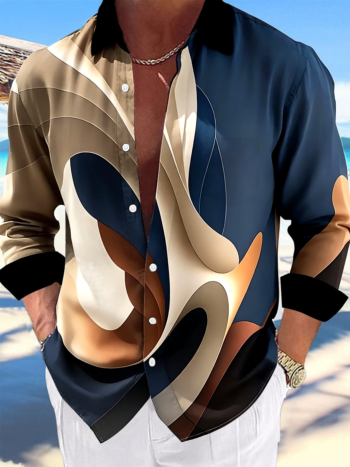 Adaychic Men's Printed Abstract Curved Shapes Print Long Sleeve Shirt with Chest Pocket