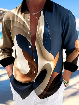 Adaychic Men's Printed Abstract Curved Shapes Print Long Sleeve Shirt with Chest Pocket