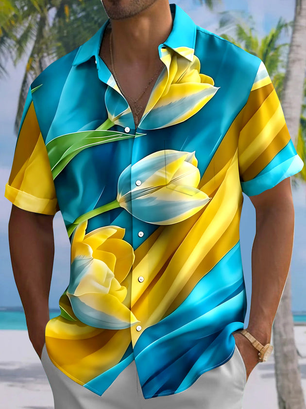 Adaychic Men's Hawaiian Yellow And Blue Floral Print Short Sleeve Shirt with Chest Pocket