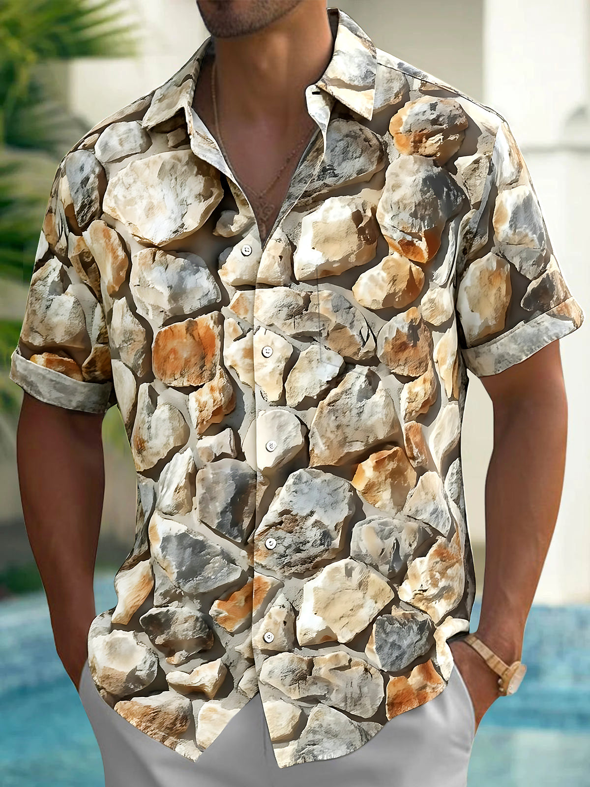 Adaychic Men's Vintage Style Stone Pattern Short Sleeve Shirt with Chest Pocket