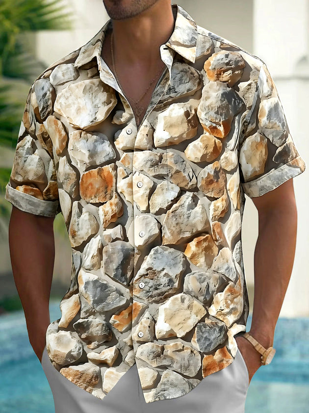 Adaychic Men's Vintage Style Stone Pattern Short Sleeve Shirt with Chest Pocket