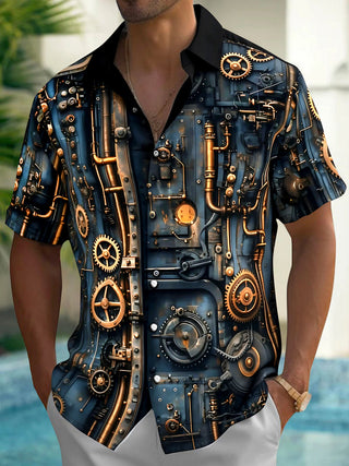Adaychic Men's Printed Steampunk Gears Print Short Sleeve Shirt with Chest Pocket